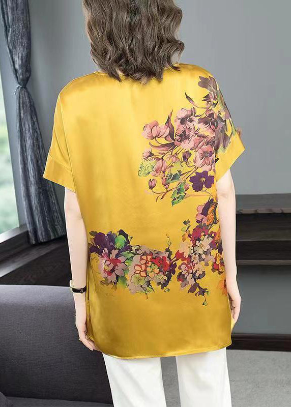 Women Yellow V Neck Print Patchwork Silk T Shirt Top Summer