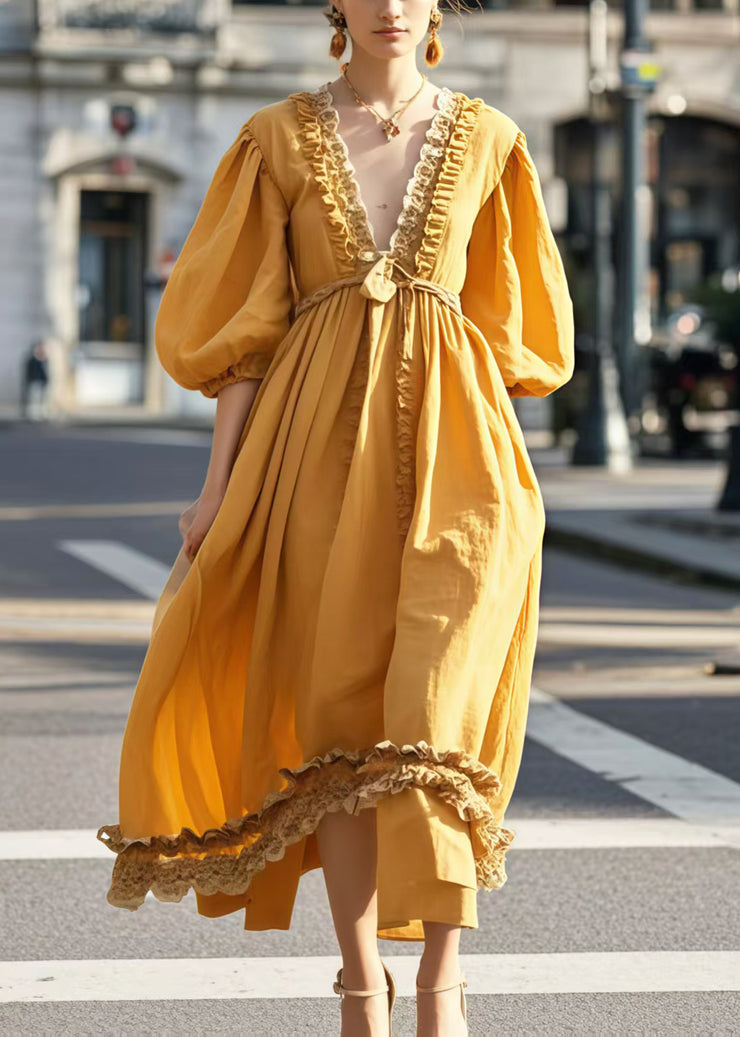 Women Yellow V Neck Ruffled Cotton Party Dress Lantern Sleeve