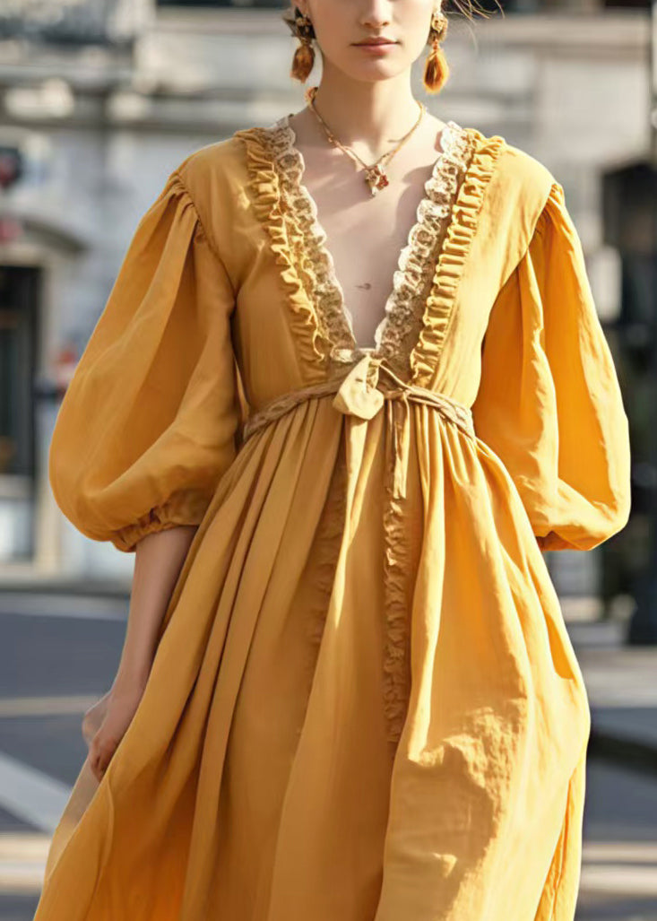 Women Yellow V Neck Ruffled Cotton Party Dress Lantern Sleeve