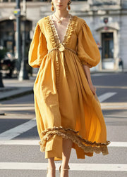 Women Yellow V Neck Ruffled Cotton Party Dress Lantern Sleeve