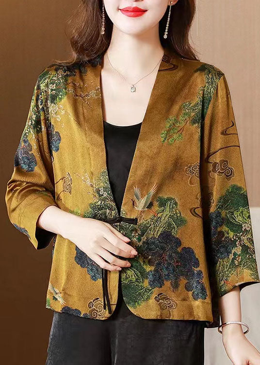 Women Yellow V Neck Tasseled Button Print Silk Cardigans Coats Spring