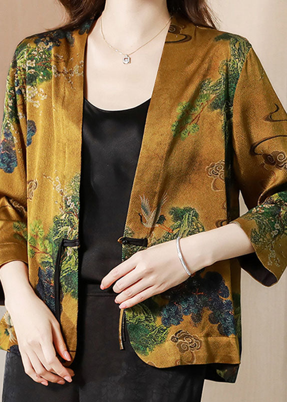 Women Yellow V Neck Tasseled Button Print Silk Cardigans Coats Spring