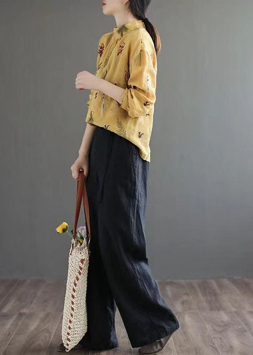 Women Yellow Wrinkled Embroideried Patchwork Linen Shirt Tops Spring