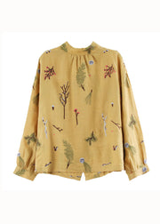 Women Yellow Wrinkled Embroidered Patchwork Linen Shirt Tops Spring