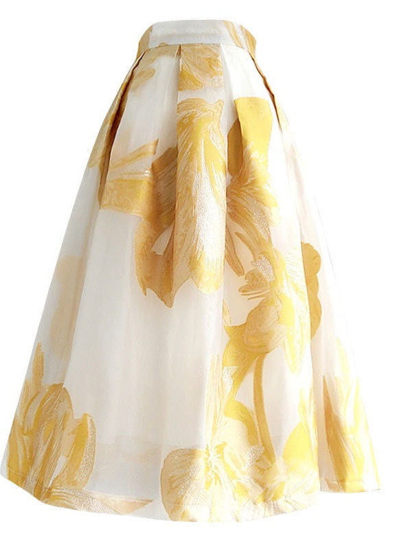 Women Yellow Wrinkled Patchwork Embroideried Tulle Skirt Summer