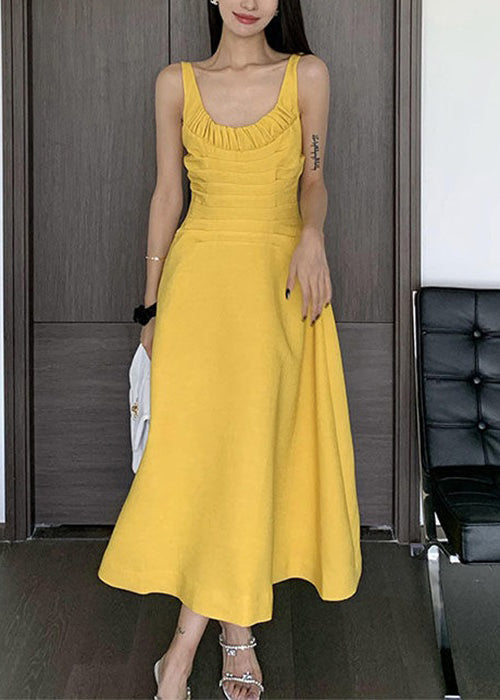 Women Yellow Wrinkled Solid Cotton Spaghetti Strap Dress Sleeveless