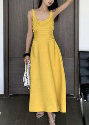 Women Yellow Wrinkled Solid Cotton Spaghetti Strap Dress Sleeveless