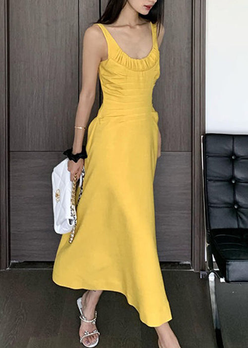 Women Yellow Wrinkled Solid Cotton Spaghetti Strap Dress Sleeveless