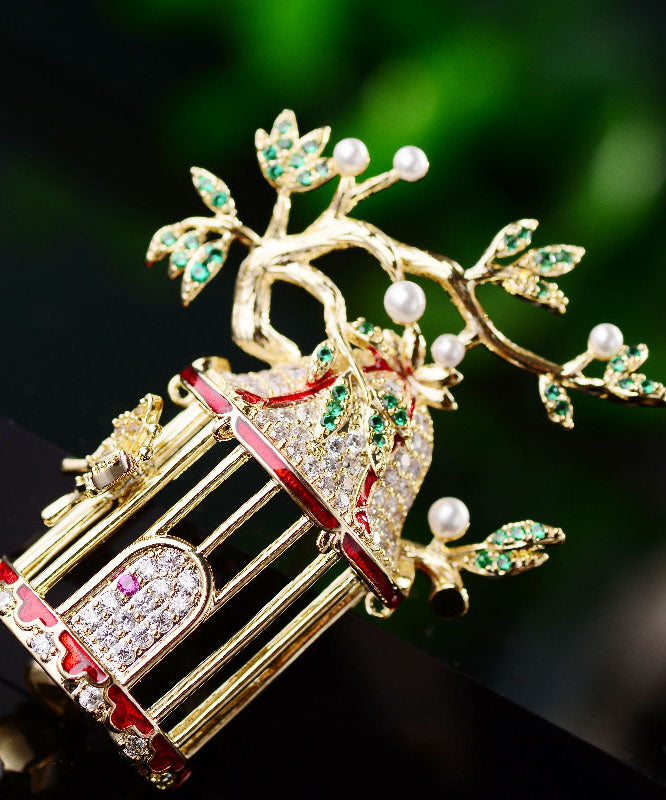 Women Yellow Zircon Crystal Pearl Bird Cage Brooches