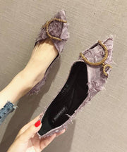 Women Zircon Splicing Pointed Toe Flat Shoes Purple Cotton Fabric