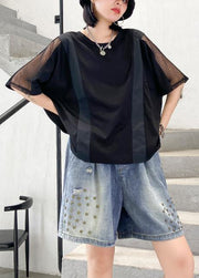 Women black cotton shirts o neck patchwork tulle summer blouses