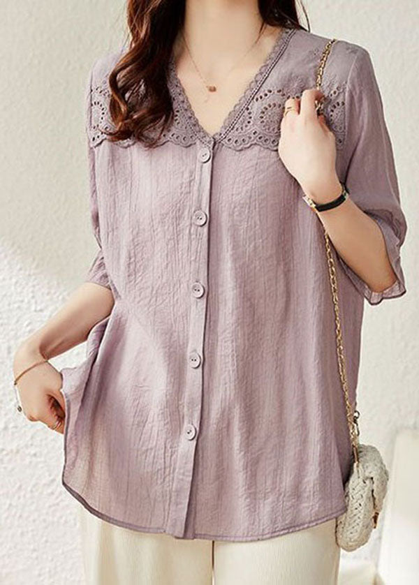 Women light Purple V Neck Ruffled Lace Patchwork Cotton Top Summer