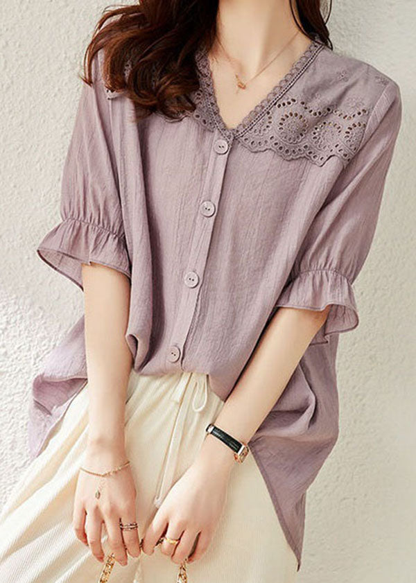 Women light Purple V Neck Ruffled Lace Patchwork Cotton Top Summer