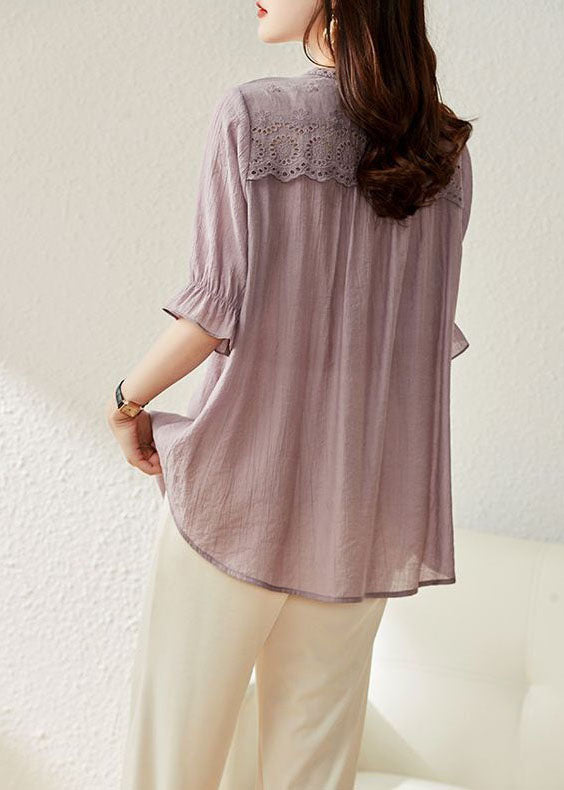 Women light Purple V Neck Ruffled Lace Patchwork Cotton Top Summer