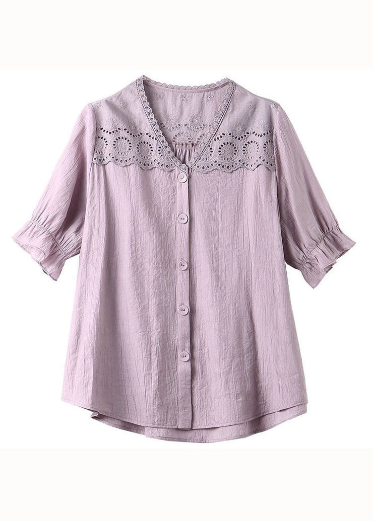 Women light Purple V Neck Ruffled Lace Patchwork Cotton Top Summer