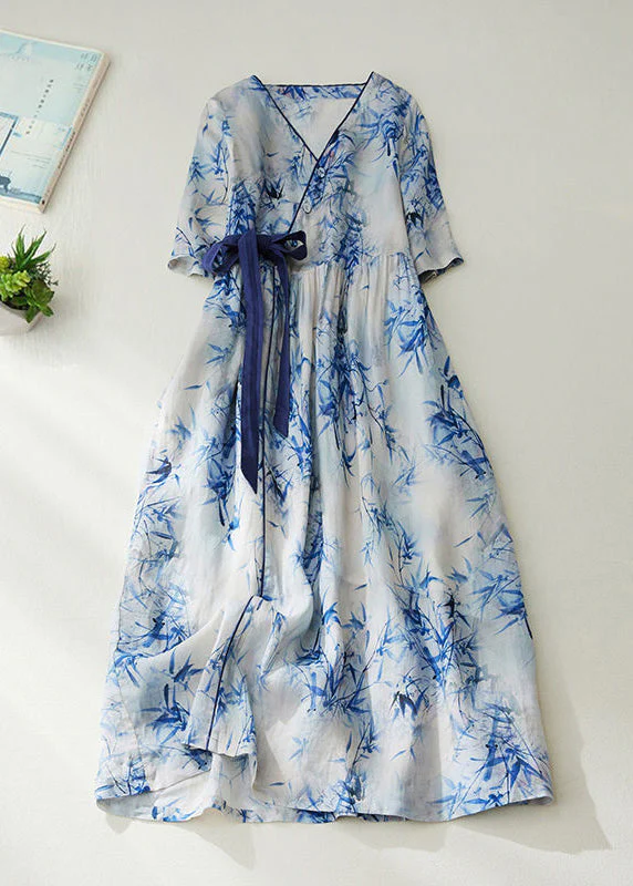 Grace Blue V Neck Tie Waist Print Linen Cinched Dress Summer