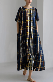 Grace O Neck Tunic Dress Lnspiration Blue Plaid Maxi Dress