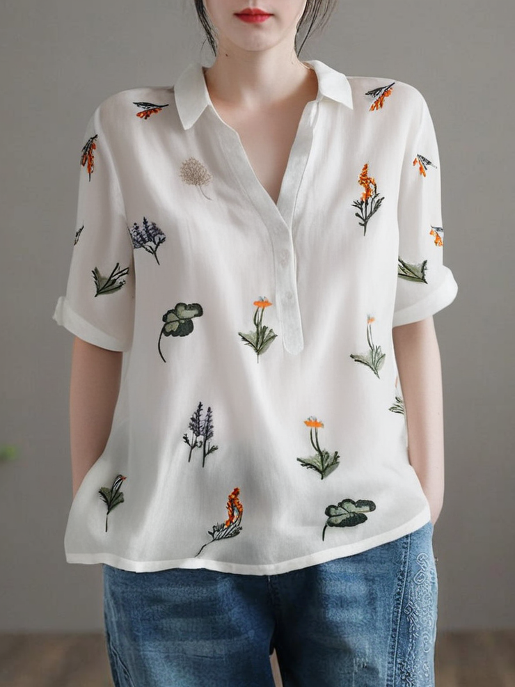 Grace White Peter Pan Collar Print Patchwork Linen Shirt Top Summer