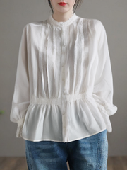 Grace White wrinkled Patchwork Tops Long Sleeve