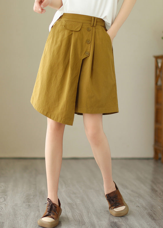 Yellow Asymmetrical Button Wide Leg Shorts