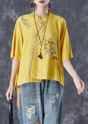 Yellow Asymmetrical Linen Tops Embroidered Chinese Button Summer