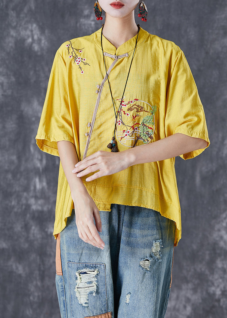 Yellow Asymmetrical Linen Tops Embroideried Chinese Button Summer