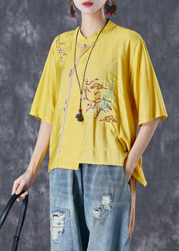 Yellow Asymmetrical Linen Tops Embroidered Chinese Button Summer