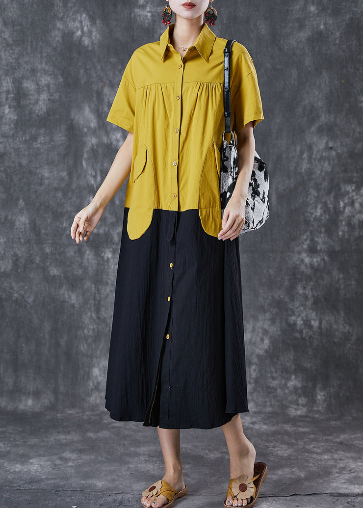 Yellow Black Patchwork Cotton Holiday Dresses Oversized Pockets Summer