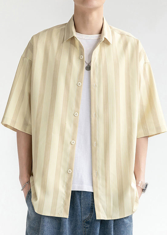 Yellow Button Cotton Mens Shirt Peter Pan Collar Summer