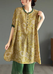 Yellow Button Patchwork Linen Mid Dresses O Neck Half Sleeve