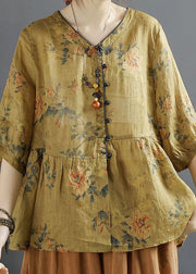 Yellow Button Patchwork Linen Shirts Top V Neck Wrinkled Summer