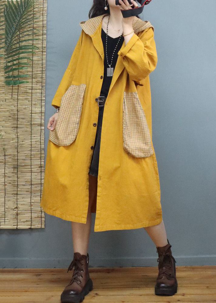 Yellow Button Patchwork Long Cotton Coats Hooded Long Sleeve