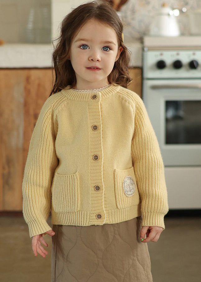 Yellow Button Pockets Cotton Knit Girls Cardigan Spring