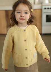 Yellow Button Pockets Cotton Knit Girls Cardigan Spring