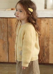 Yellow Button Pockets Cotton Knit Girls Cardigan Spring