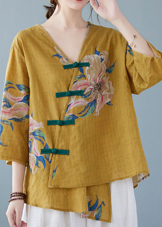 Yellow-Print2 Button Shirt Tops Asymmetrical Half Sleeve