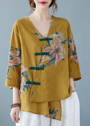 Yellow-Print2 Button Shirt Tops Asymmetrical Half Sleeve