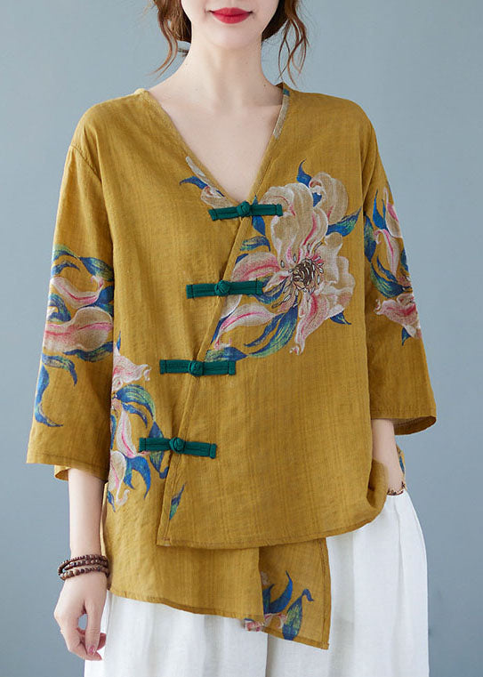 Yellow-Print3 Button Shirt Tops Asymmetrical Half Sleeve