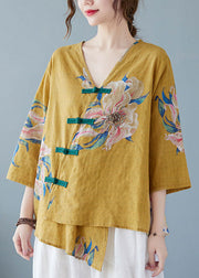 Yellow-Print5 Button Shirt Tops Asymmetrical Half Sleeve