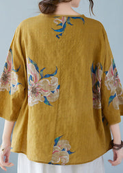 Yellow-Print3 Button Shirt Tops Asymmetrical Half Sleeve