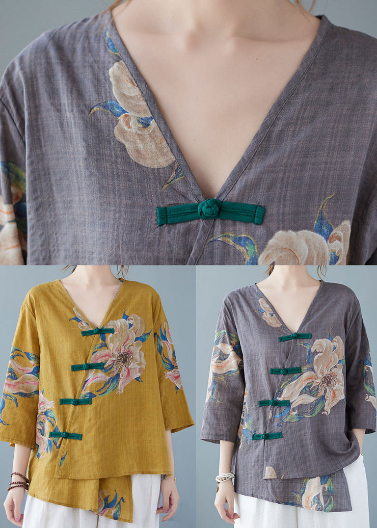 Yellow-Print2 Button Shirt Tops Asymmetrical Half Sleeve