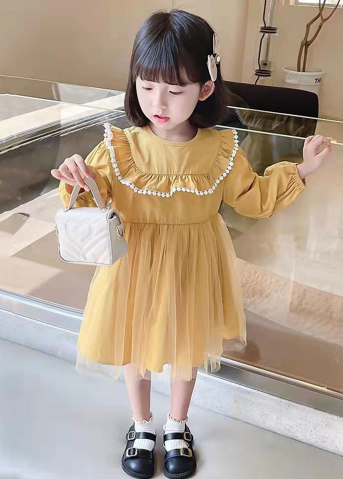 Yellow Button Tulle Patchwork Cotton Kids Girls Dress Long Sleeve