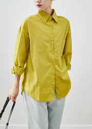 Yellow Cotton Shirt Tops Peter Pan Collar Pocket Fall