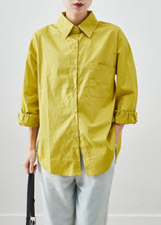 Yellow Cotton Shirt Tops Peter Pan Collar Pocket Fall