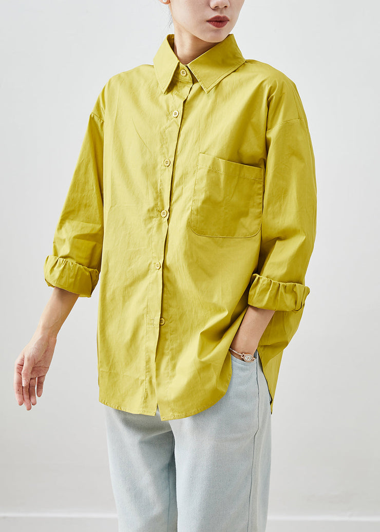 Yellow Cotton Shirt Tops Peter Pan Collar Pocket Fall