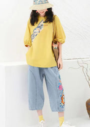 Yellow Cotton T Shirt Top Asymmetrical Embroideried Summer