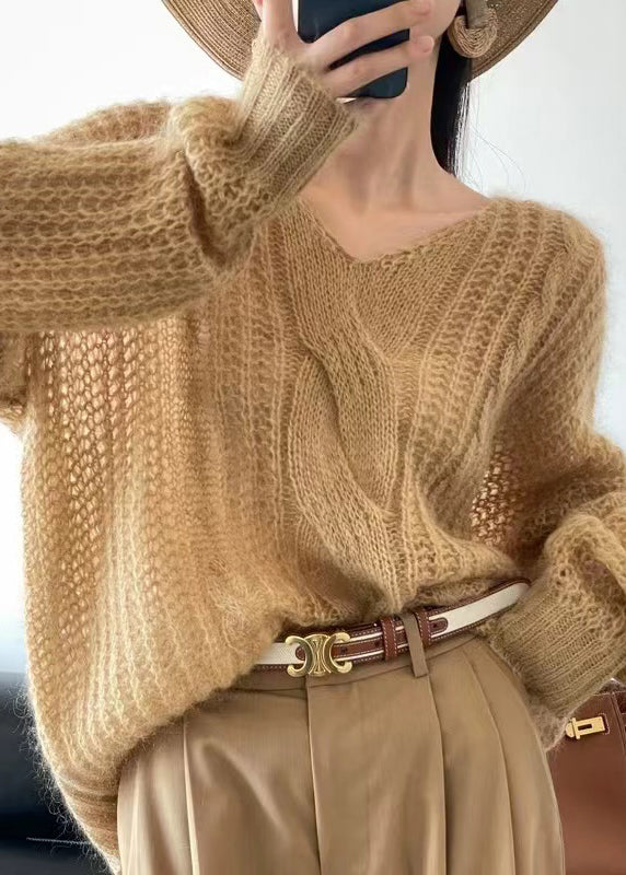 Yellow Cozy Knit Pullover Sweater V Neck Winter