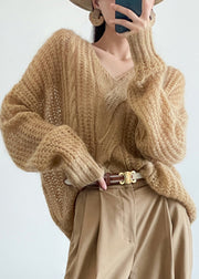 Yellow Cozy Knit Pullover Sweater V Neck Winter