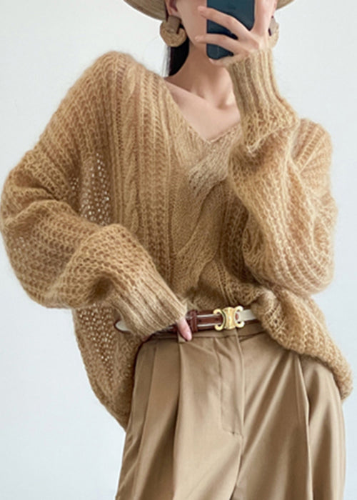 Yellow Cozy Knit Pullover Sweater V Neck Winter