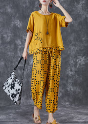 Yellow Dot Cotton Two Piece Suit Set Drawstring Pocket Summer